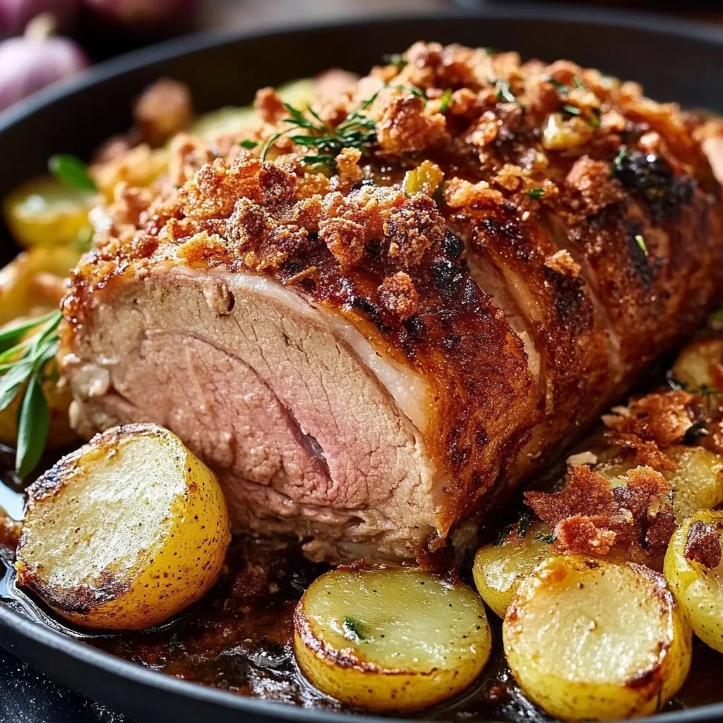 Saftiger Senfbraten mit Porree und Äpfeln