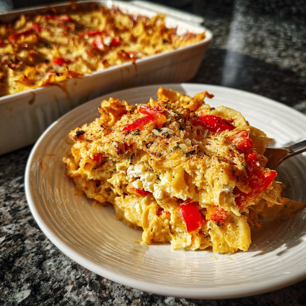 Vegetarischer Nudelauflauf mit Paprika und Feta