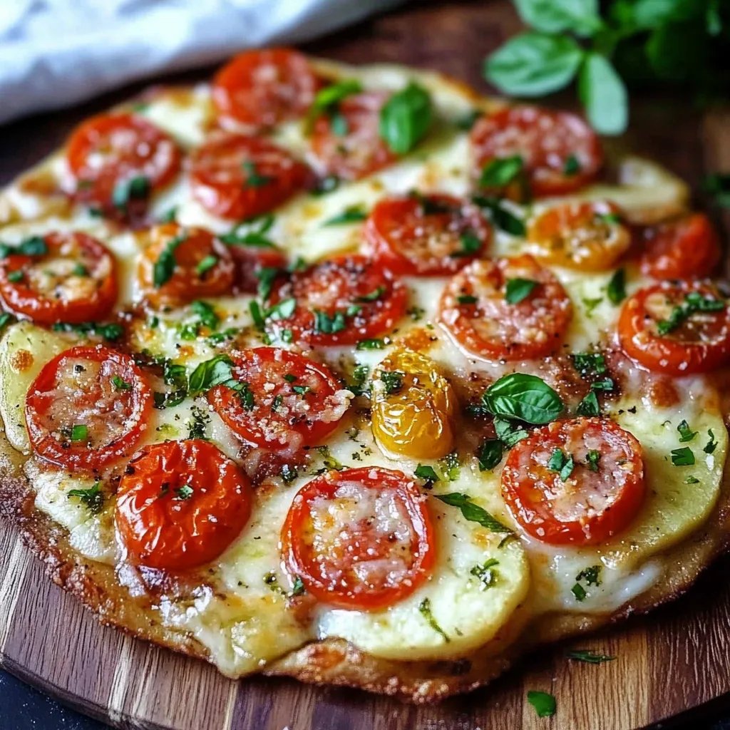 Knusprige Kartoffelpizza vom Blech mit Tomaten und Rucola